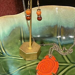 Genuine Carnelian Agate Slice Pendant Necklace & Red Jasper Earrings